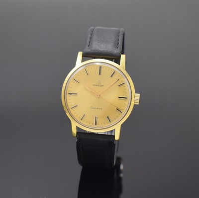 OMEGA Geneve Herrenarmbanduhr Referenz 135.070, Schweiz um 1969, Handaufzug, verg. Geh., Stahlboden verschr., gold. Zifferbl., gold. Indizes u. ...