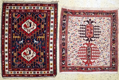 2 Lots Sumakh, Azerbaijan, Ende 20.Jhd, Baumwolle auf Baumwolle, ca. 130 x 120 cm & ca. 150 x 115 cm, EHZ: 2