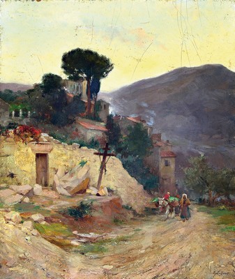 Franz Lugan, 1864 Schlesien-1942, südliche Dorflandschaft, Öl/Platte, rechts unten signiert, 50x40 cm