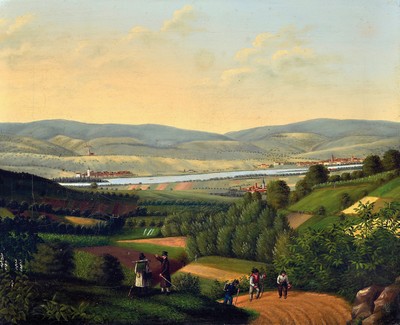 C. Mutzbauer, hessischer Künstler des frühen 19.Jh., nachweisbar um 1820 in Hersfeld, Landschaft des oberen Mittelrheintals, Blick über Felder auf ...