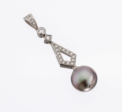 Platin Brillant-Tahitizuchtperl-Anhänger, Pt 950/000, silbergraue Perle, D. ca. 11 mm, mit schönem Lüster, Brillanten zus. ca. 0.28 ct ...