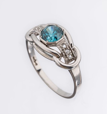14 kt Gold Zirkon-Diamant-Ring, 1930er Jahre, WG 585/000, rundfacett. Zirkon 1.10 ct, 4 kl. Diamant-Rosen, ca. 3.6 g, RW 55