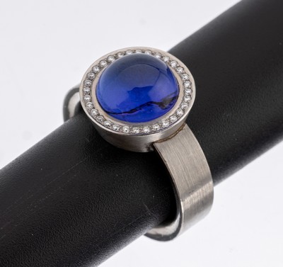 Palladium Tansanit-Brillant-Ring, 950er Palladium, Tansanit Cabochon ca. 3.80 ctumgeben von Brillanten zus. ca. 0.21 ct Weiß/si, ca. 11.5 g, RW 53