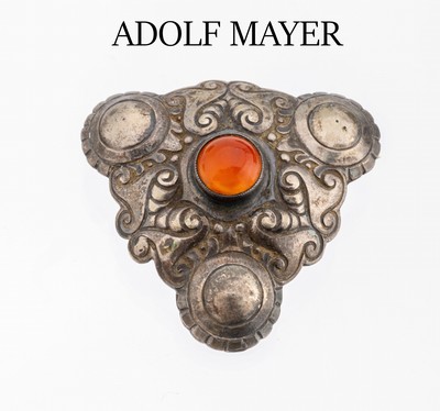 Brosche mit Karneol, Jugendstil, 800er Silber,1930er Jahre Meistermarke ADOLF MAYER, Mainz, zeittyp., ca. 4 x 4 cm