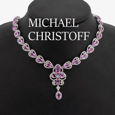 14 kt Gold Saphir-Brillant-Collier, WG 585/000, 27 ovalfacett. Pinksaphire zus. ca. 25.0 ct, Brillanten zus. ca. 3.75 ct Weiß- l.get.Weiß/p, ...
