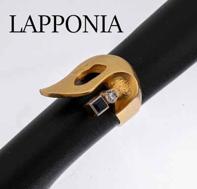 18 kt Gold LAPPONIA Saphir-Brillant-Ring, GG 750/000, Finnland 1974, typ. Design, kl. Saphir, kl. Diamant, ca. 7.9 g, RW 51