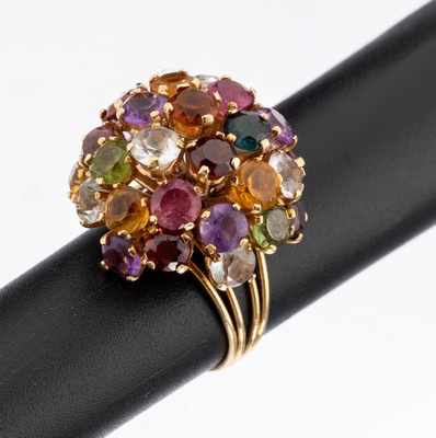 18 kt Gold Farbstein-Ring, GG 750/000, hoher Ringkopf bes. mit rundfacett. Granate, Amethyste, Peridots, Citrine, Turmaline, RW 55, ca. 10.9 g