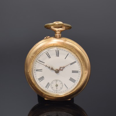 Offene Herrentaschenuhr in GG 585/000, Schweiz um 1910, Geh. dell., guill. Rückdeckel m. Monogramm, Goldcuvette, Emailzifferbl. riss., röm. Zahlen, ...