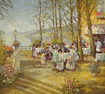 Prof. August Alexander Wendehals, 1934-2003 Ossendorf, sommerlicher Biergarten mit Seeblick, rechts signiert, Öl/Lwd, Rahmen 103x114 cm
