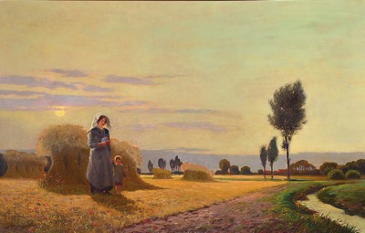 Hans Sorensen-Lund, 1859-1920, dänisch, abendliche Erntedankszene, junge Frau mit Kind auf abgeerntetem Feld, links unten signiert, Öl/Lwd, 70x105 ...