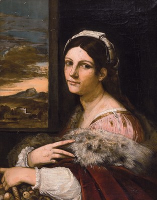 Unbekannter Kopist nach Sebastiano del Piombo (1485-1547), 19.Jh., Heilige Dorothea bzw. Römerin mit Früchtekorb (um 1512, Gemäldegalerie Berlin), ...