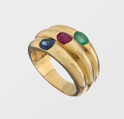 14 kt Gold Farbstein-Ring, GG 585/000, ovalfacett. Smaragd ca. 0.50 ct, ovalfacett. Rubin ca. 0.65 ct, ovalfacett. Saphir ca. 0.65ct, RW 54, ca. 8.4 ...
