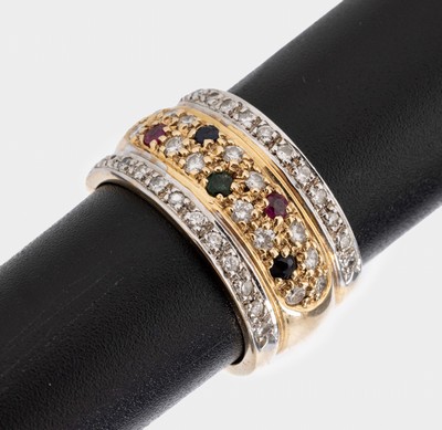 14 kt Gold Farbstein-Diamant-Ring, GG/WG 585/000, 2 rundfacett. Saphire zus. ca. 0.04 ct, 2 rundfacett. Rubine zus. ca. 0.04 ct, 1 rundfacett. ...