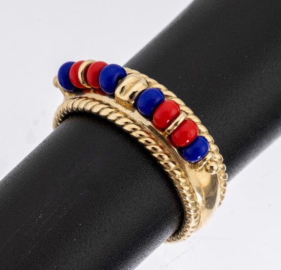 14 kt Gold Korallen-Lapislazuli-Ring, GG 585/000, Korallen- und Lapislazulikügelchen, Kordelrandverz., RW 52, ca. 6.7 g, Versand nurinnerhalb der EU