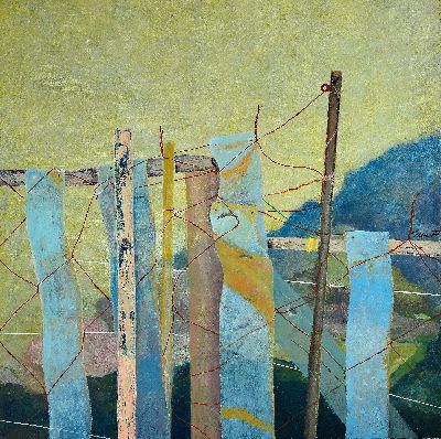 Ch. Klose, Künstler der Moderne, Komposition eines Zaunes in Landschaft, 1977, signiert und datiert, Öl/Lwd, 84x83 cm