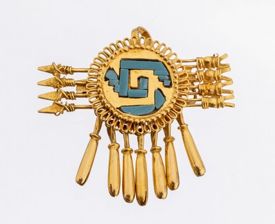 14 kt Gold Türkis-Brosche/Anhänger, GG 585/000, abstrakte Darstellung einer Zielscheibe, mit Pfeilen und abhängenden Köchern, ca. 6.1 g