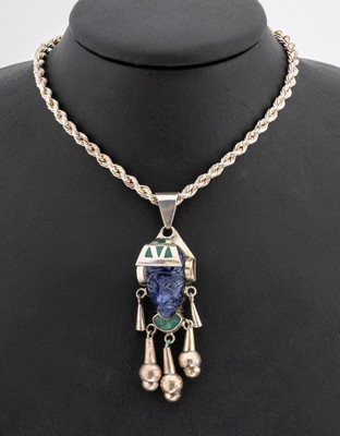 Lapislazuli-Malachit-Anhänger, 925er Silber, Mexico um 1960, Anhänger in Form einerMaske, Lapislazuli geschn., Malachiteinlagen, bewegl. ...