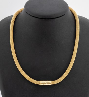 18 kt Gold Brillant-Collier, GG 750/000, sogn. Strickcollier, Bajonetteschließe mit 14 Brillanten zus. ca. 0.14 ct Weiß/si, L. ca. 45cm, ca. 31 g