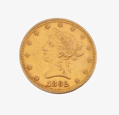 Goldmünze, 10 Dollar, USA 1892, Lady Liberty, RV: Seeadler mit Pfeilen und Olivenzweigen
