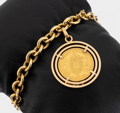 18 kt Gold Münz-Armband, GG 750/000, bewegl. abgehängte Goldmünze, 10 Kronen, 1894,L. ca. 19 cm, Federringschließe, ca. 18.8 g