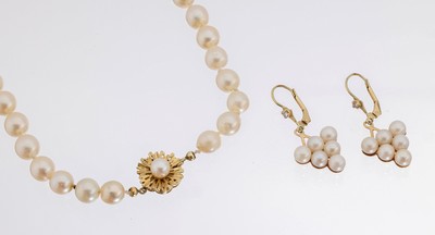 Konvolut mit Zuchtperlen, best. aus: Zuchtperlenkette aus cremefarb. Perlen, D ca. 7.4 - 7.6 mm, nat. Merkmale, Schließe GG 585/000 mit Perlchen, ...