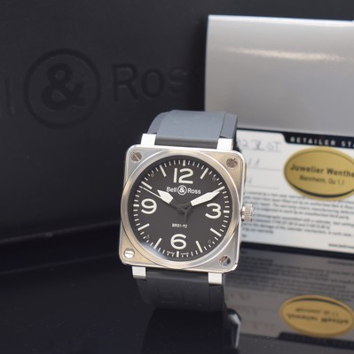 BELL & ROSS Herrenarmbanduhr Referenz BR01-92, Automatik, Edelstahlgeh. inkl. Kautschukband m. orig. Dornschl., Anz. v. Std., Min. und Zentralsek., ...