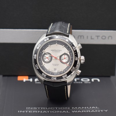 HAMILTON Armbandchronograph PAN-EUROP Referenz H357560, Automatik, Edelstahlgeh. inkl. orig. Lederband m. orig. Dornschl., beids. vergl., Boden ...