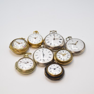 GEO. CLARK London vergoldete Repousse- Spindeltaschenuhr und 7 weitere Spindeluhren, England/Schweiz ca. 1760-1830, 6 x England, 5 x m. Übergeh., 4 ...