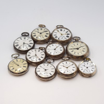 Konvolut: 10 offene Sterlingsilber- Taschenuhren, England / Schweiz ca. 1860 - 1900, 9 x Spitzzahnanker m. Schlüsselaufzug, 1 x ...