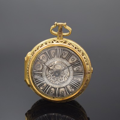 JOSEPH GEYMÜLLER Groß-Glogau seltene Spindeltaschenuhr mit 1/4-Stunden-Repetition und Stunden-Selbstschlag, Deutschland um 1720, verg. durchbr. u. ...