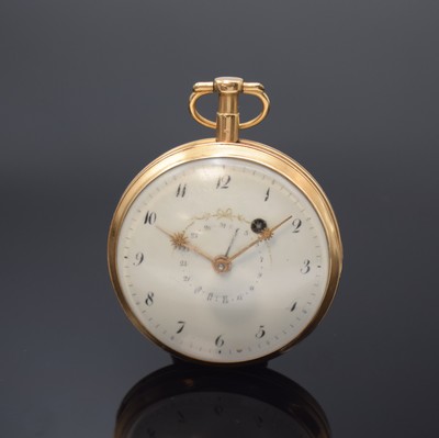 J SAUTREUIL Rose Legros Spindeltaschenuhr mit Datum in RoseG 750/000, Frankreich um 1800, glattes Geh. dell., Emailzifferbl. m. Breguetzahlen, zentr. ...