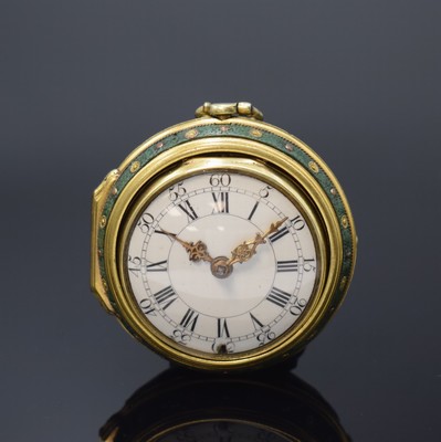 HENRY HUN London vergoldete Spindeltaschenuhr mit Übergehäuse, England um 1760, glattes Geh. dell., späteres Übergeh. m. grünem Leder bezogen, ...