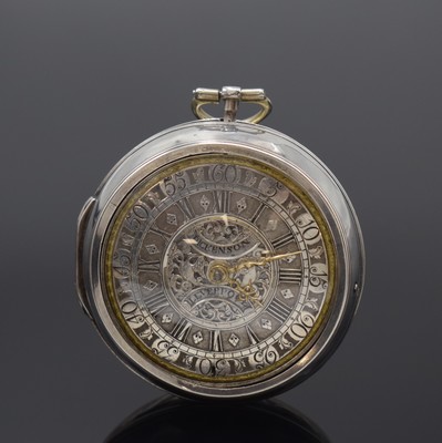 RICH. DICKINSON LEVERPOOL frühe Spindeluhr mit Scheinpendel und Übergehäuse in Silber, England um 1720, glatte Geh. dell./rep., schönes silb. ...