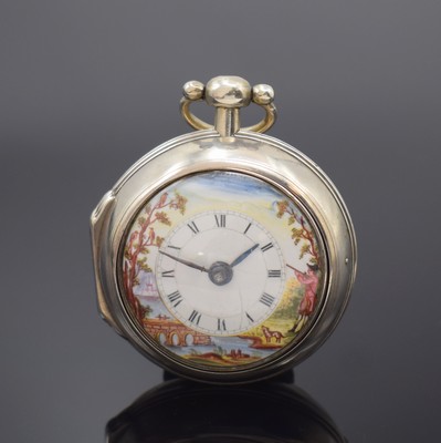 Joe DOWNES London Spindeluhr mit Übergehäuse in Silber, London Hallmark 1772, glatte Geh. dell., Übergeh. m. großem Außenscharnier u. ...