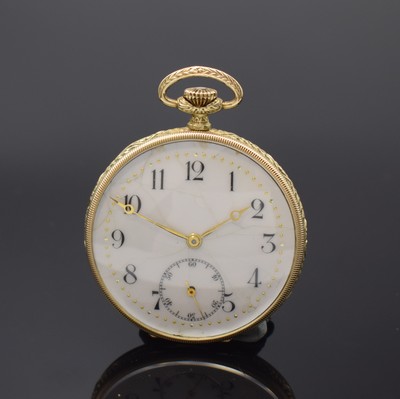 Offene Frackuhr in GG 585/000, Schweiz um 1925, streifen-guill. Geh., tief-grav. Rand, späteres Emailzifferbl. besch., gold. Zeiger, verg. Werk, 16 ...