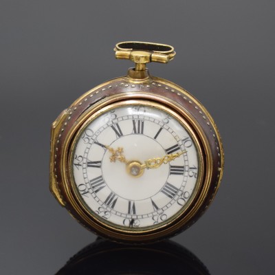 J. RICHSON London Spindeluhr mit Übergehäuse, England um 1760, verd. Geh., Schildpatt Übergeh., Emailzifferbl., röm. Zahlen u. arab. Minuterie, ...