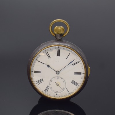 Offene Taschenuhr mit 1/4-Std.-Repetition im brünierten Eisengehäuse, Schweiz um 1920, glattes Geh. korrod., Schlagwerk-Auslösung über Schieber ...