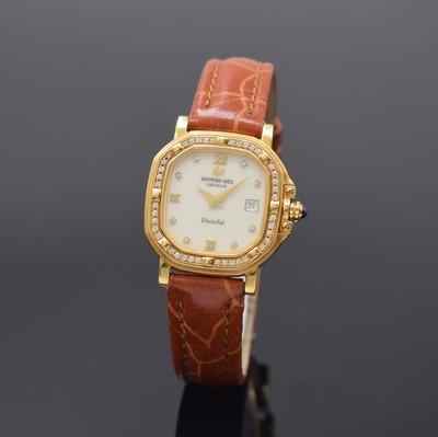 RAYMOND WEIL Parsifal in GG 750/000 mit Diamanten Referenz 10.856, Schweiz um 2000, quarz, Boden 6-fach verschr., Schmuckkrone, neutr. Lederband m. ...