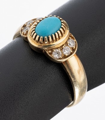 14 kt Gold Türkis-Ring, GG 585/000, schlichte Gestaltung, ovaler Türkiscabochon, Diamantimitationen, RW 58, ca. 3.5 g