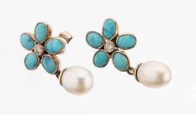 Paar 14 kt Gold Türkis-Brillant-Perl -Ohrstecker, GG 585/000, blütenf. mit ovalen Türkis-Cabochons, 2 Brillanten zus. ca.0.16 ct get.Weiß/p, ...