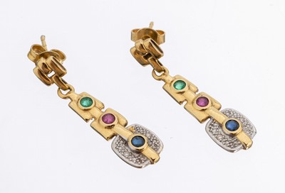 Paar 14 kt Gold Farbstein-Diamant-Ohrstecker, GG 585/000 gepr., je 2 kl. rundfacett. Smaragde, Rubine, Saphire, kl. 8/8-Diamanten, ca. 4.2 g, ...