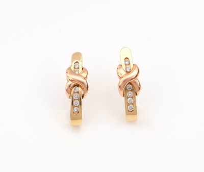 Paar 14 kt Gold Brillant-Ohrstecker, GG/RG 585/000, 12 Brillanten zus. ca. 0.20 ct Weiß/p, gekreuztes RG Element, ca. 4.8 g