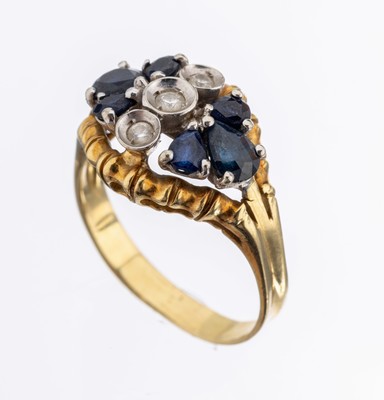 18 kt Gold Saphir-Brillant-Ring, GG/WG 750/000, Ringkopf WG, 6 facett. Saphir- Tropfen, 3 kl. Brillanten, RW 57, ca. 5.3 g