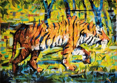 Yves-Marcel Münch, geb. 1994, zeitgenössischer Künstler in Wiesloch, Tiger, Öl/Lwd, expressive Spachteltechnik, re. u. sign., ca. 100x140cm, ...