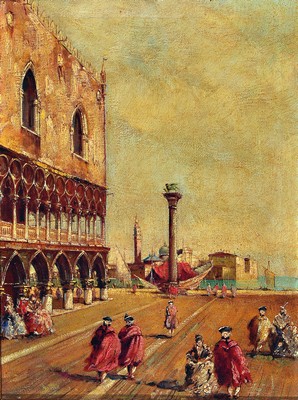 Unbekannter Künstler, 19. Jh., Markusplatz in Venedig, Öl/Lwd, Ansicht des Dogenpalastes, unsigniert, 40 x 30 cm, Rahmen l. besch.