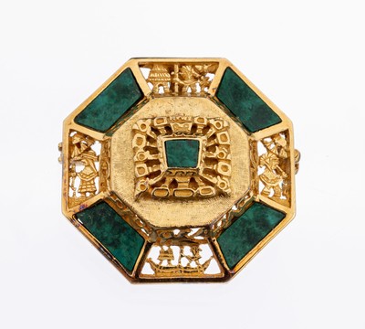 18 kt Gold Malachit-Anhänger, GG 750/000, Mexiko 1950er-60er Jahre, oktogonale Grundform, teilw. aufwendig durchbrochen, ca. 3.2 x 3.2 cm, auch als ...