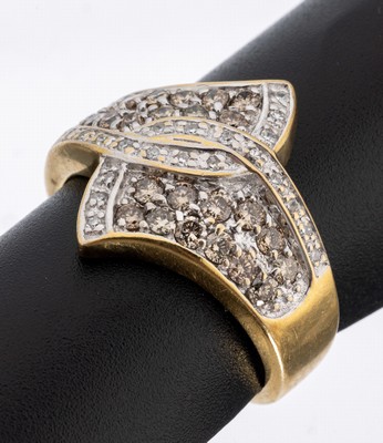 14 kt Gold Diamant-Ring, GG 585/000, Ringkopf rhod., 24 Brillanten und 22 8/8- Diamanten zus. ca. 0.75 ct Braun-Weiß/p, RW 58, ca. 4.6 g