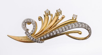 14 kt Gold Brillant-Anhänger, GG/WG 585/000, geschwungen, 51 Brillanten zus. ca. 1.10 ct Weiß/si-p, ca. 5.5 x 3.2 cm, ca. 12.6 g, ehemals Brosche