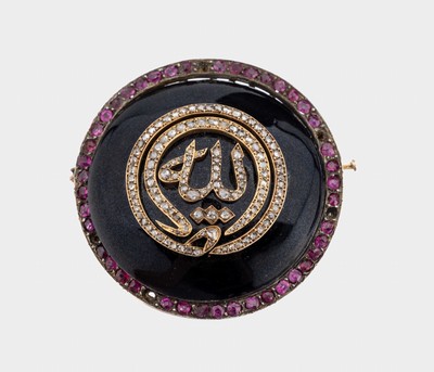 14 kt Gold Diamant-Rubin-Brosche, um 1890 -1900, GG 585/000 gepr., rund, mittig schwarz emaillierte Silberscheibe, abschraubbar, aufgelegtes ...