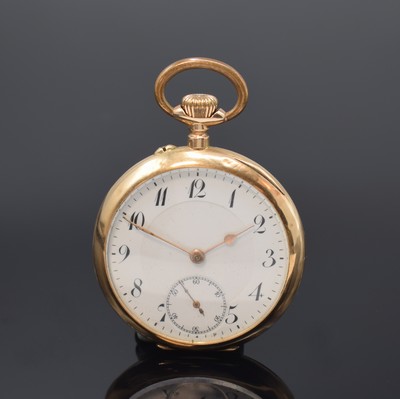 Offene Taschenuhr in RoseG 585/000, Schweiz um 1905, Geh. dell., guill. Rückdeckel, Metallcuvette, Emailzifferbl. m. arab. Zahlen, gold. Zeiger, kl. ...